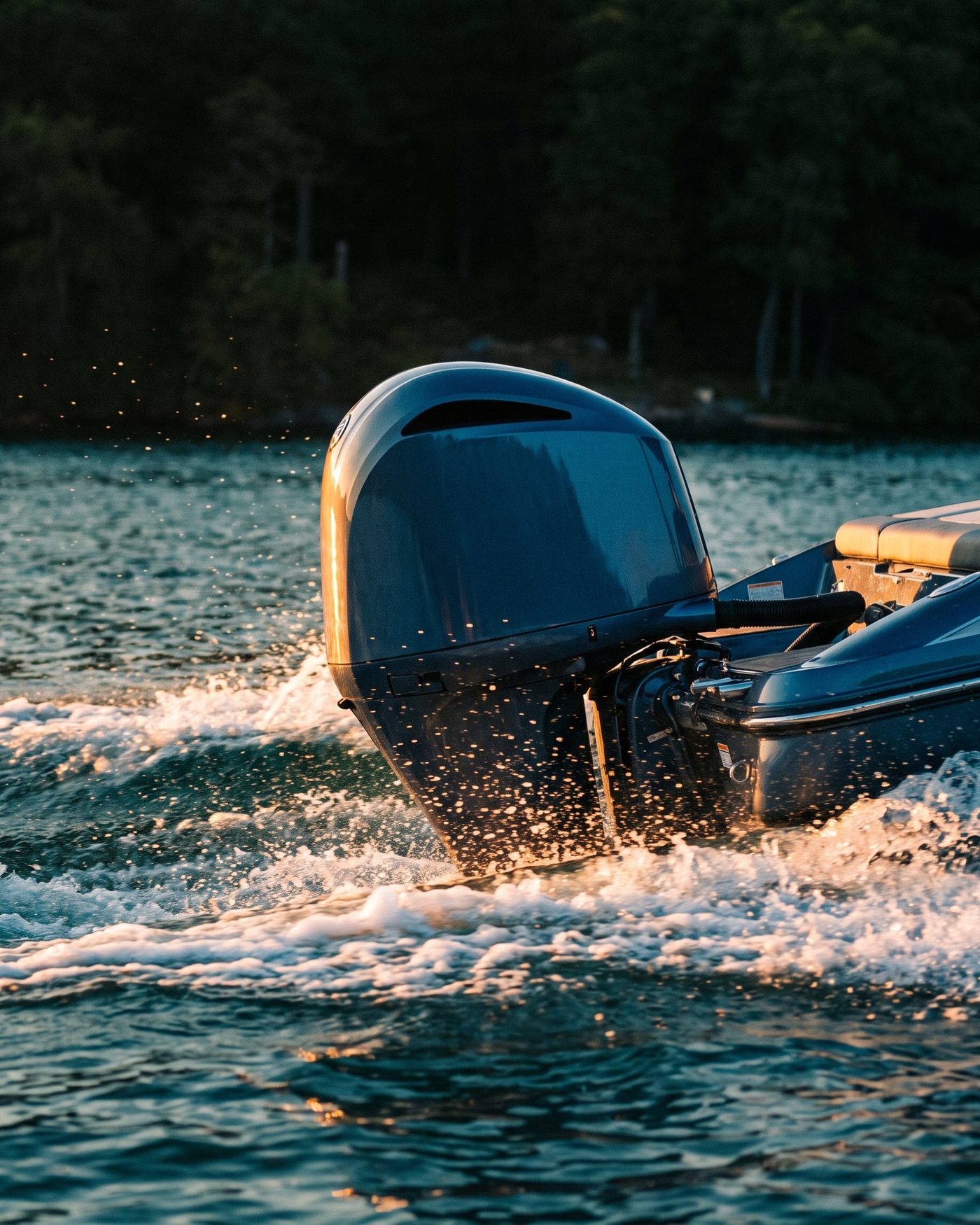 Kräftiger Außenbordmotor am Heck eines Gleitbootes, Gischt im Abendlicht