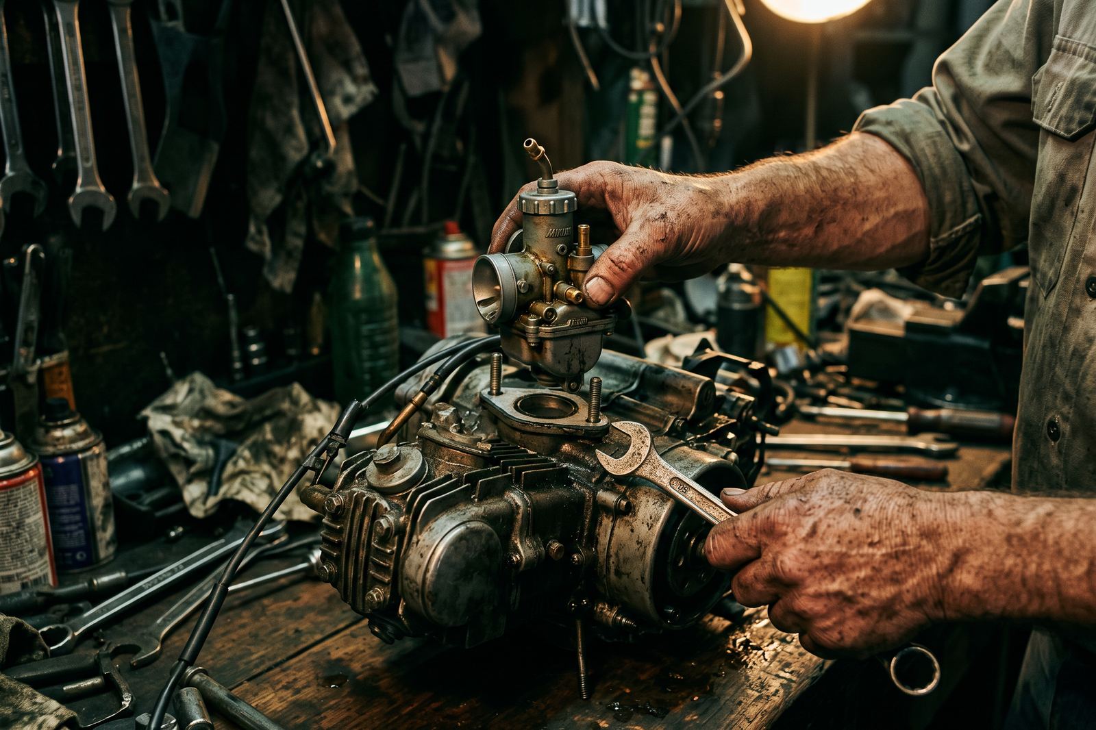 Hände bei der Arbeit an einem geöffneten Motor in der Werkstatt