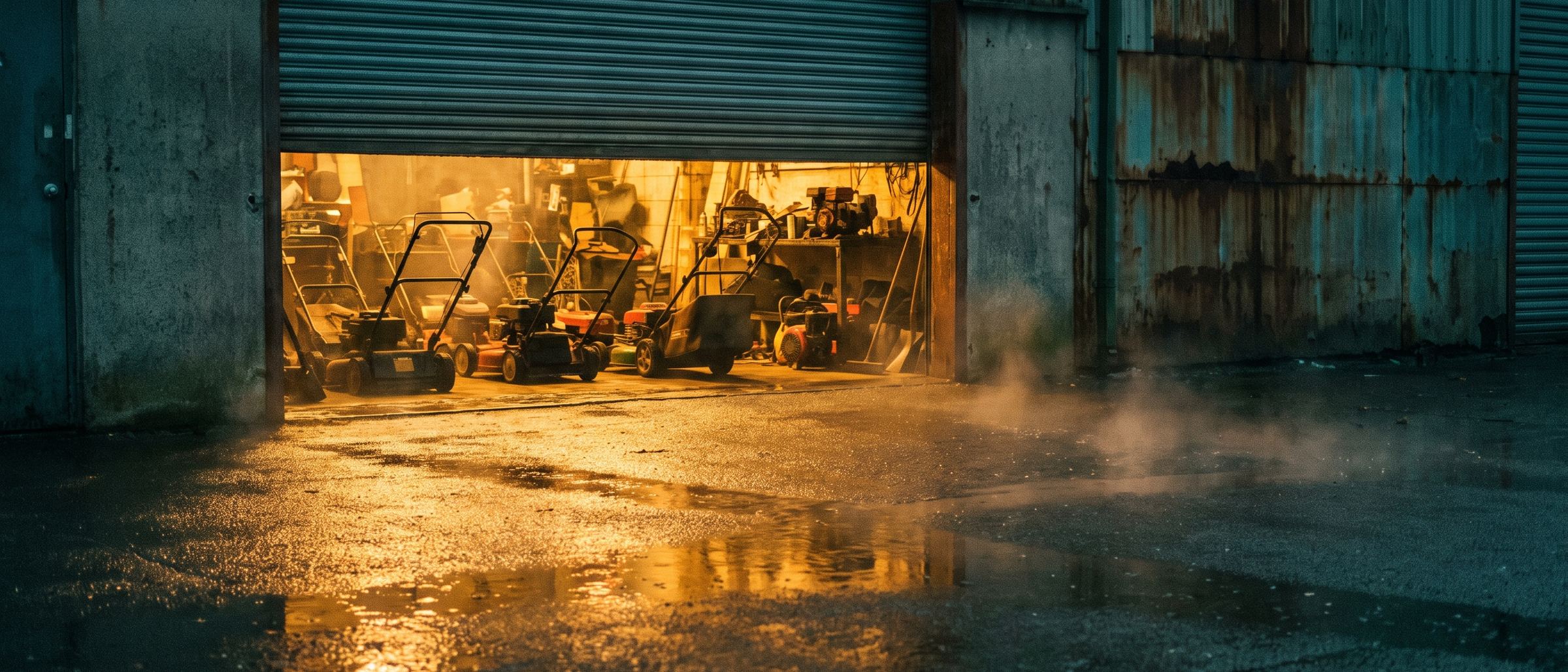 Offenes Rolltor der Werkstatt in der Abenddämmerung, warmes Licht auf nassem Asphalt